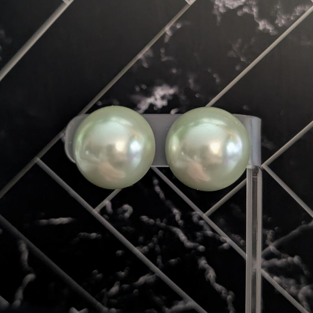 Vintage Clip On Earrings Large Domed Pearlescent Light Green Retro Statement